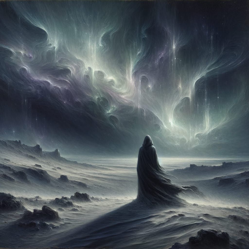 Figure Gazes at Ethereal Aurora in Impasto Style