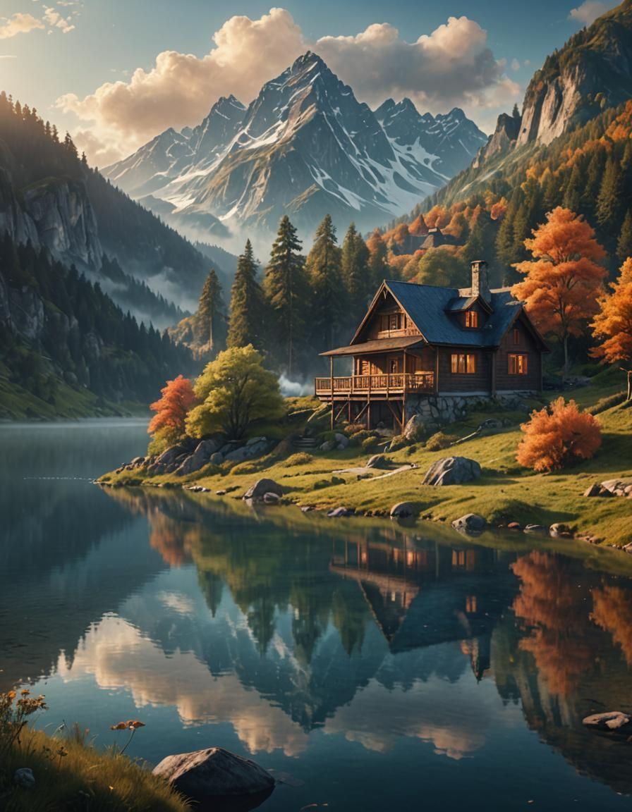 Serene Cottage in Mountain Landscape: Digital Matte Painting