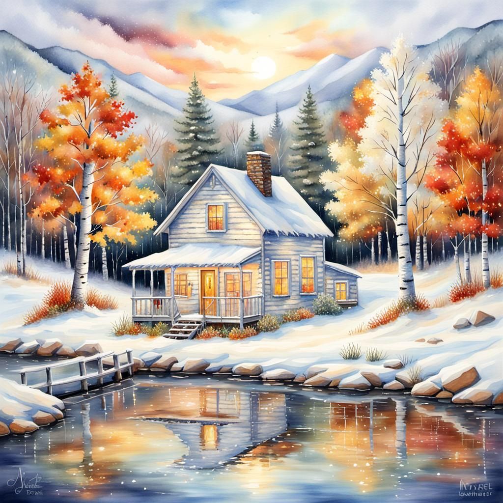 Winter Lake Cabin in Watercolor Style