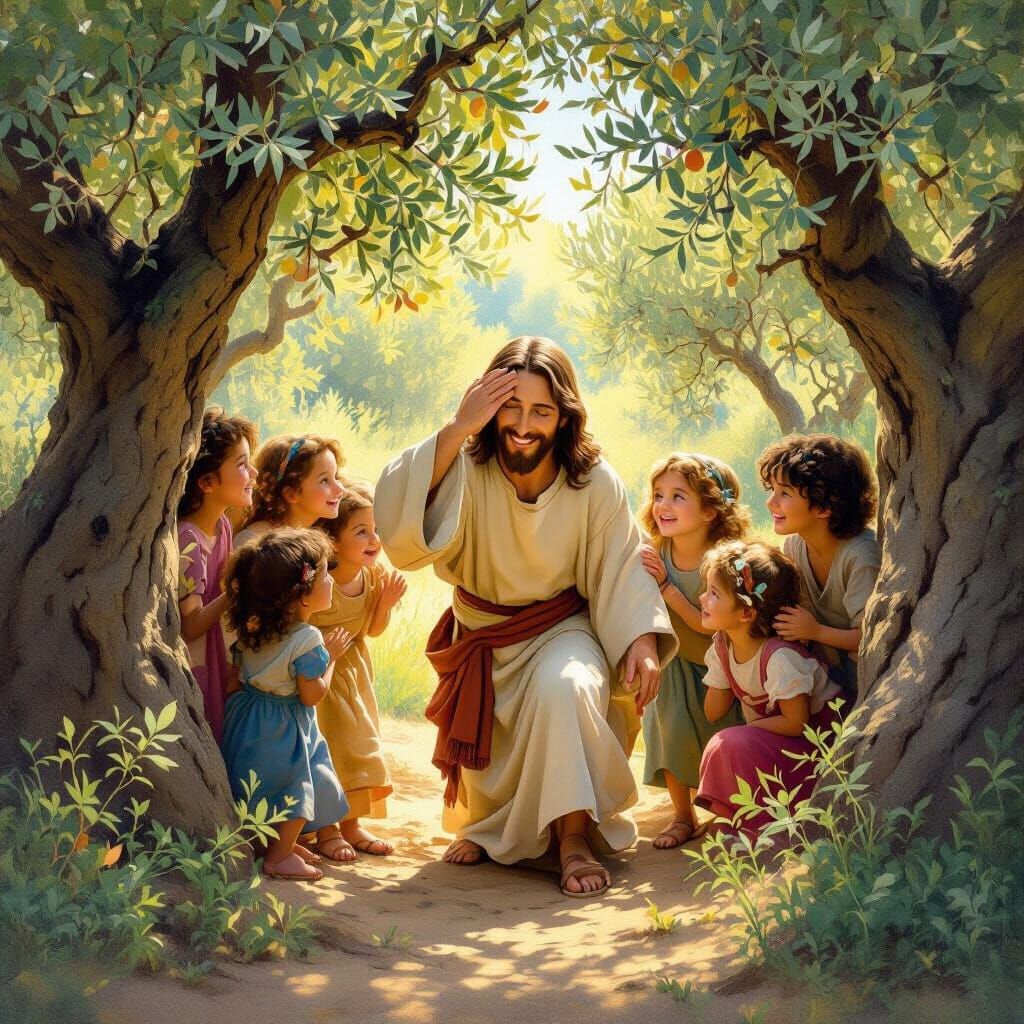 Jesus Joyfully Plays Hide-and-Seek with Children in Olive Gr...