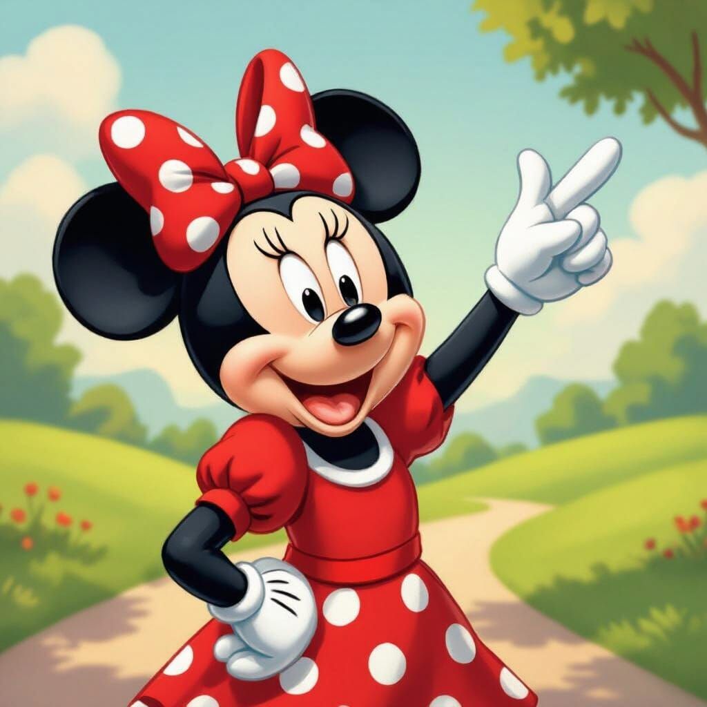 Minnie Mouse Points Up in Sunny Park, Classic Disney Style