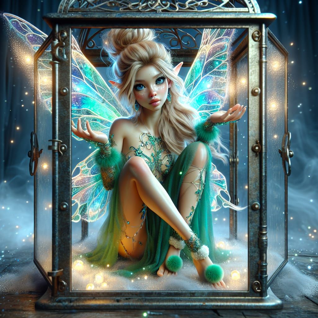 A beautiful blonde fairy with big sapphire blue eyes, with iridescent wings, wearing a glowing green dress is stuck insi...