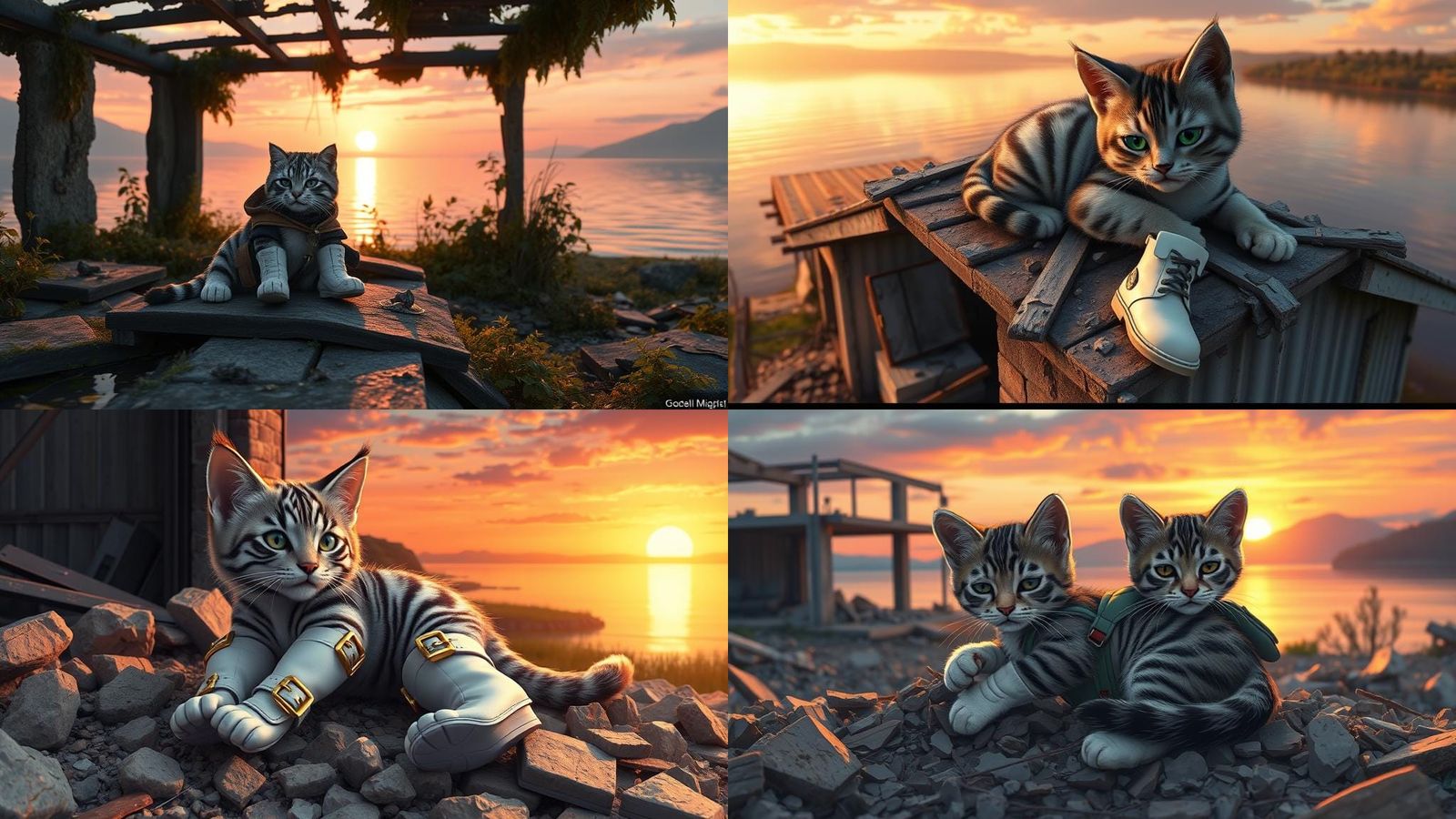 Grumpy Kitten Overlooks Lakeside Sunset: 3D Anime Art
