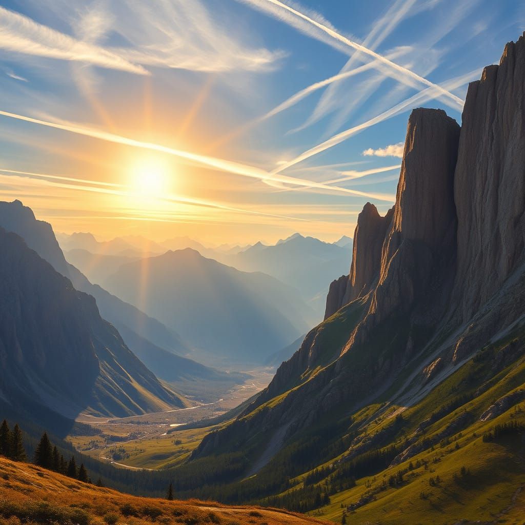 Majestic Landscape with Sunlit Mountains in a Romantic Art S...