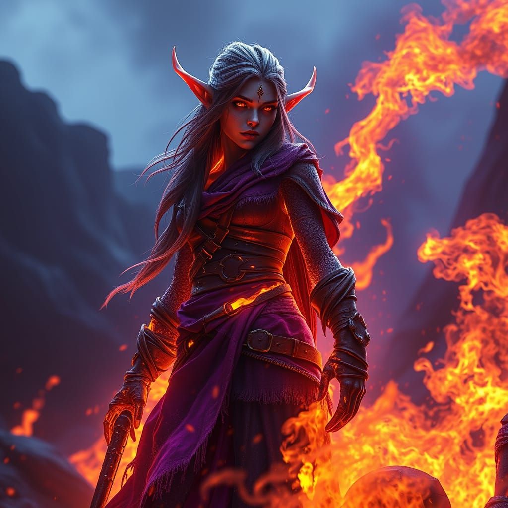 Fiery Elf Transformation in Dark Fantasy Style