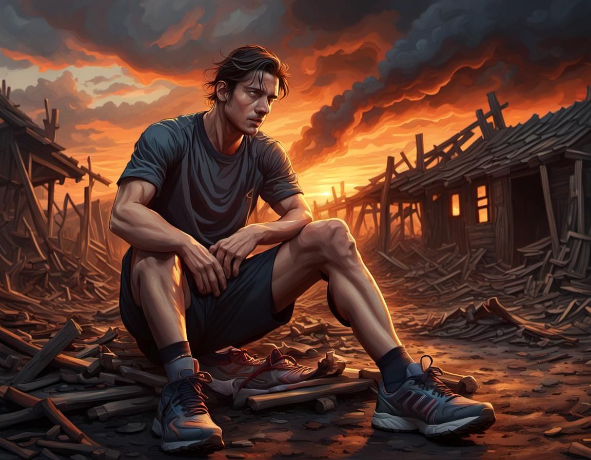 Soccer Player in Burning Village: Comic Book Art
