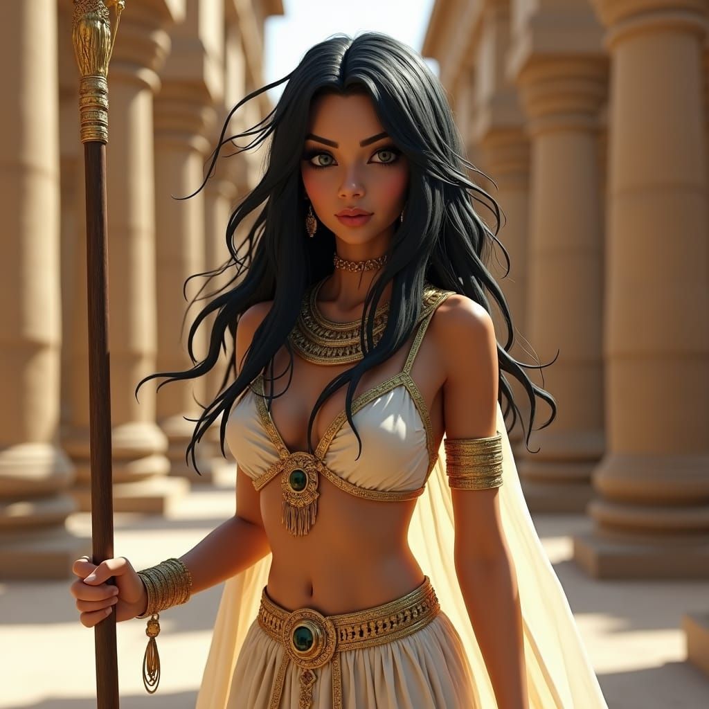 Whimsical Egyptian Woman in Temple Garden