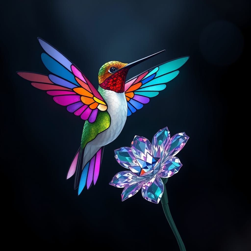 Stained Glass Hummingbird with Crystal Flower, Digital Art
