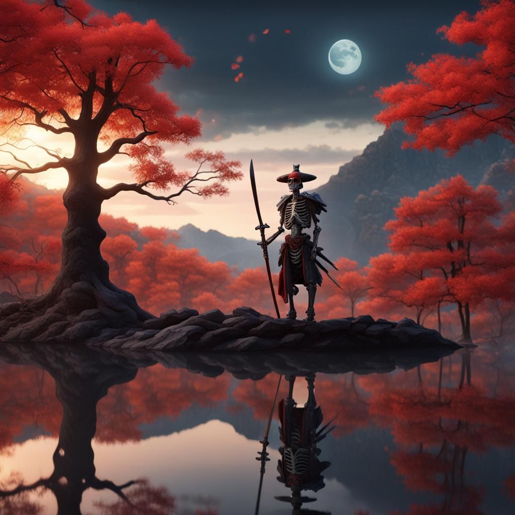 Skeleton Samurai Overlooking Lake Under Harvest Moon