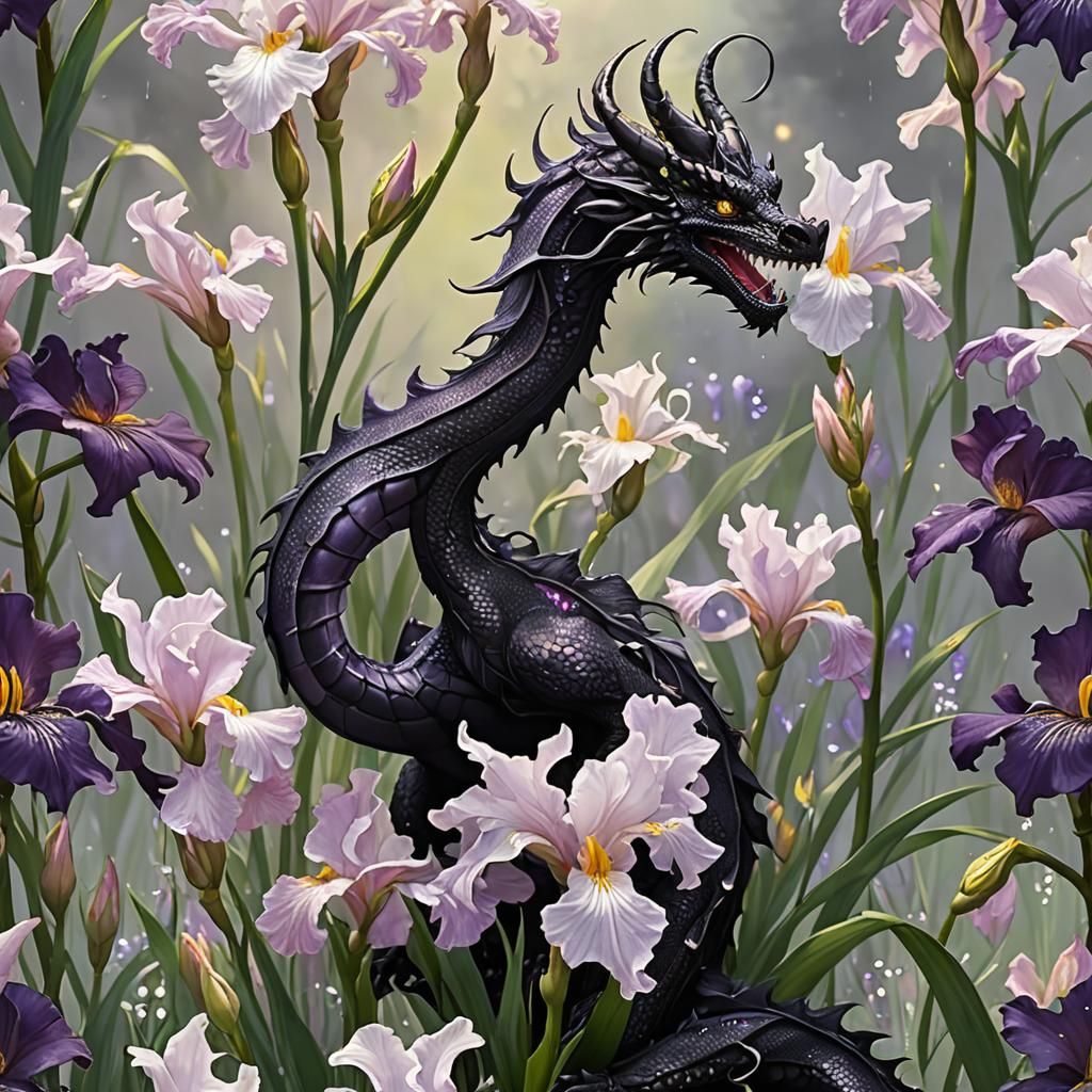 Black Dragon with Iris and Lily in Oriental Style