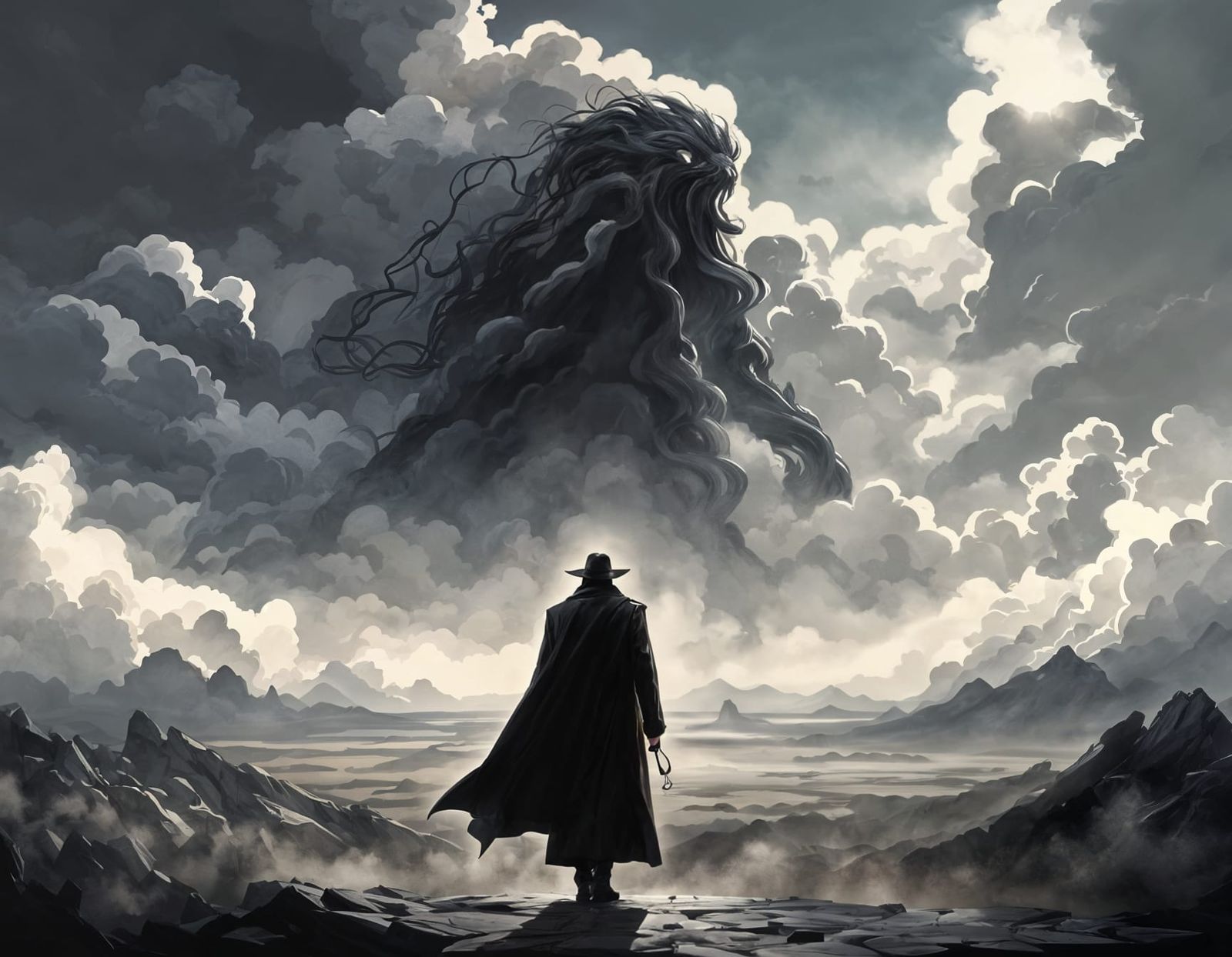 Eldritch Monstrosity in Clouds with Warrior