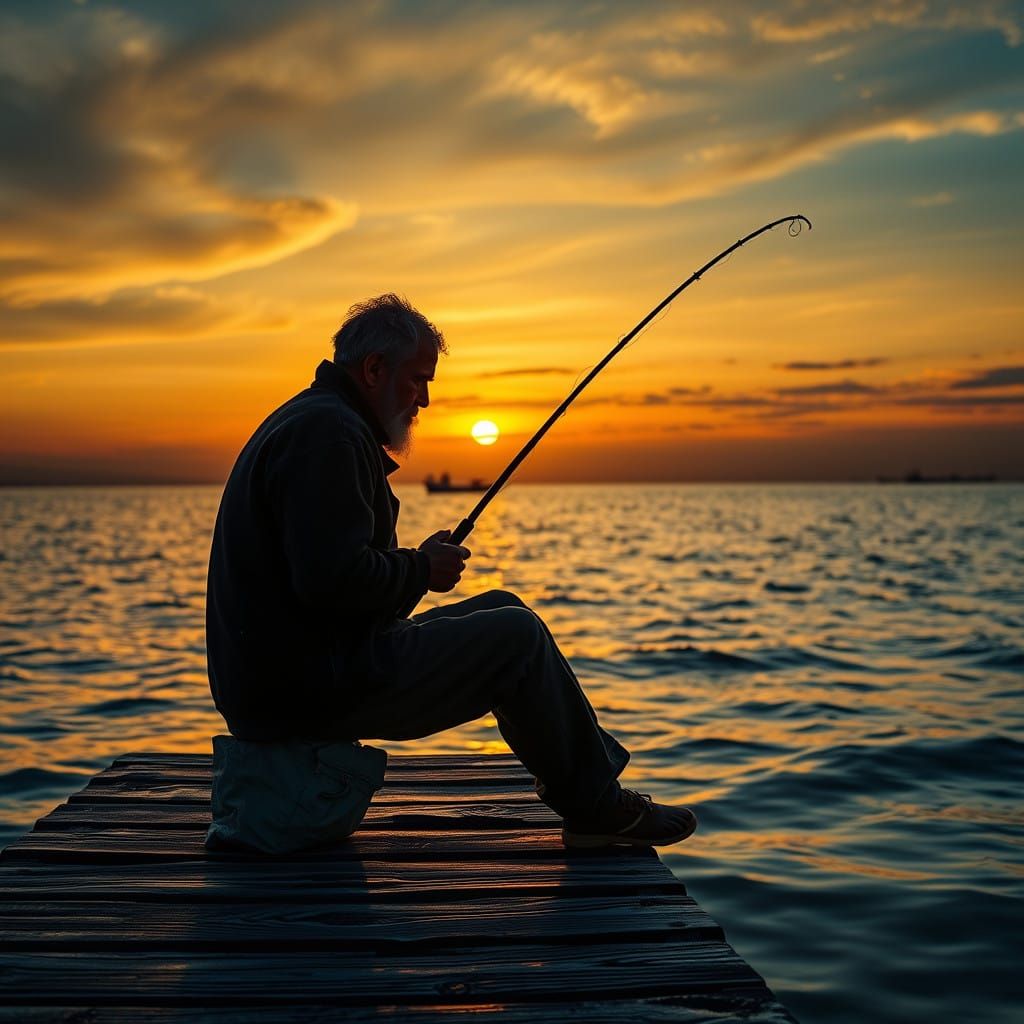 Silhouetted Fisherman on Weathered Dock at Sunset