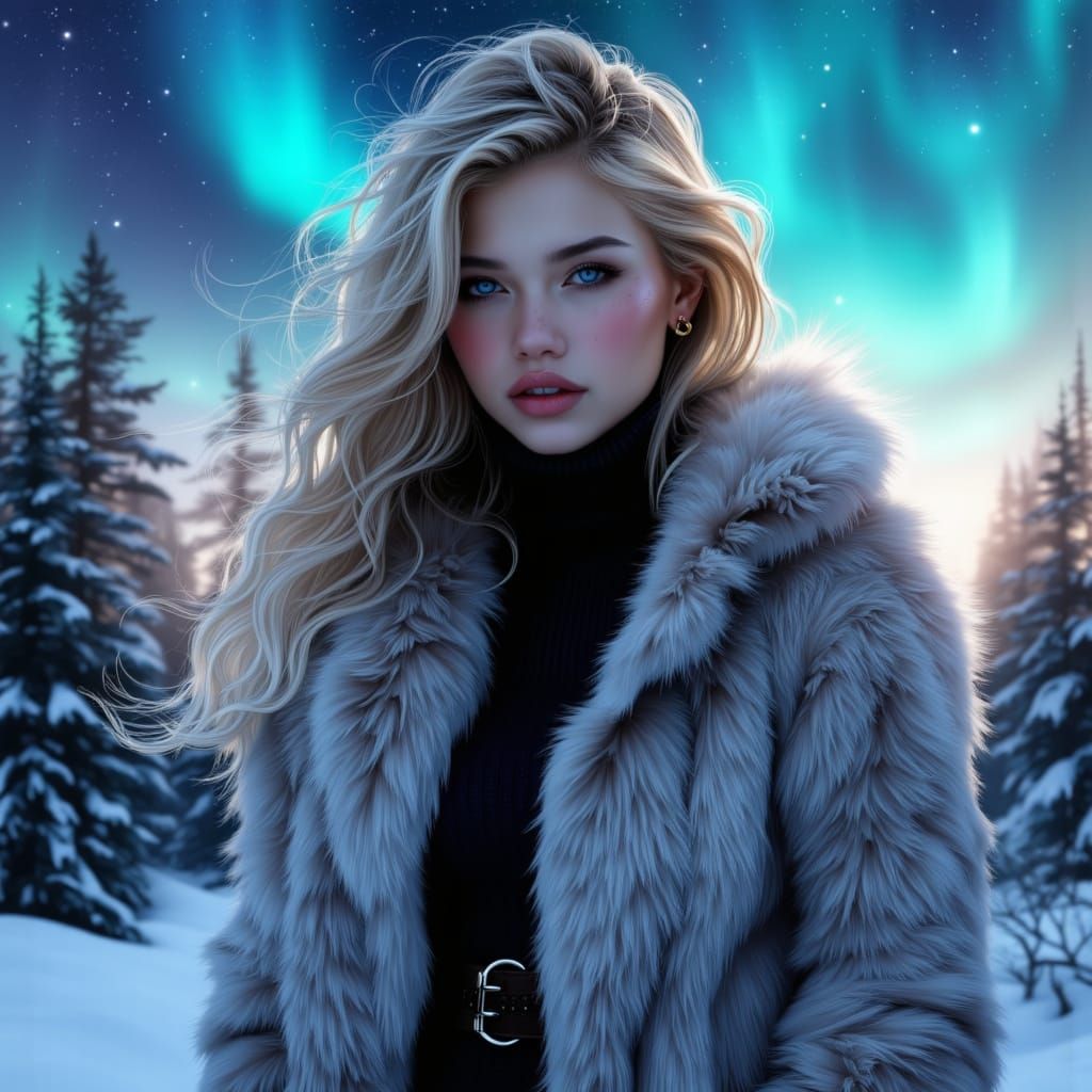 Siberian Princess in Arctic Fox Fur Amidst Aurora Borealis