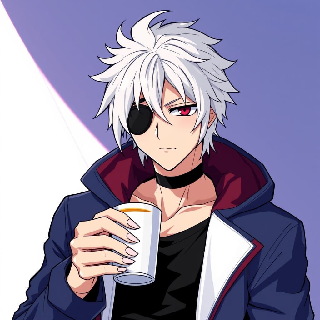 Anime Character with Red Eye and Coffee