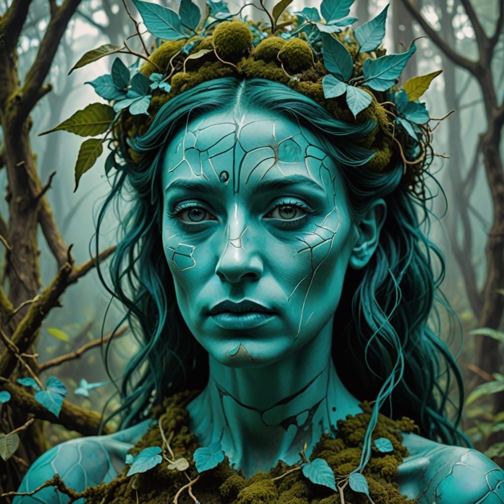 Turquoise Fairy Merges with Moss in Dreamlike Portrait