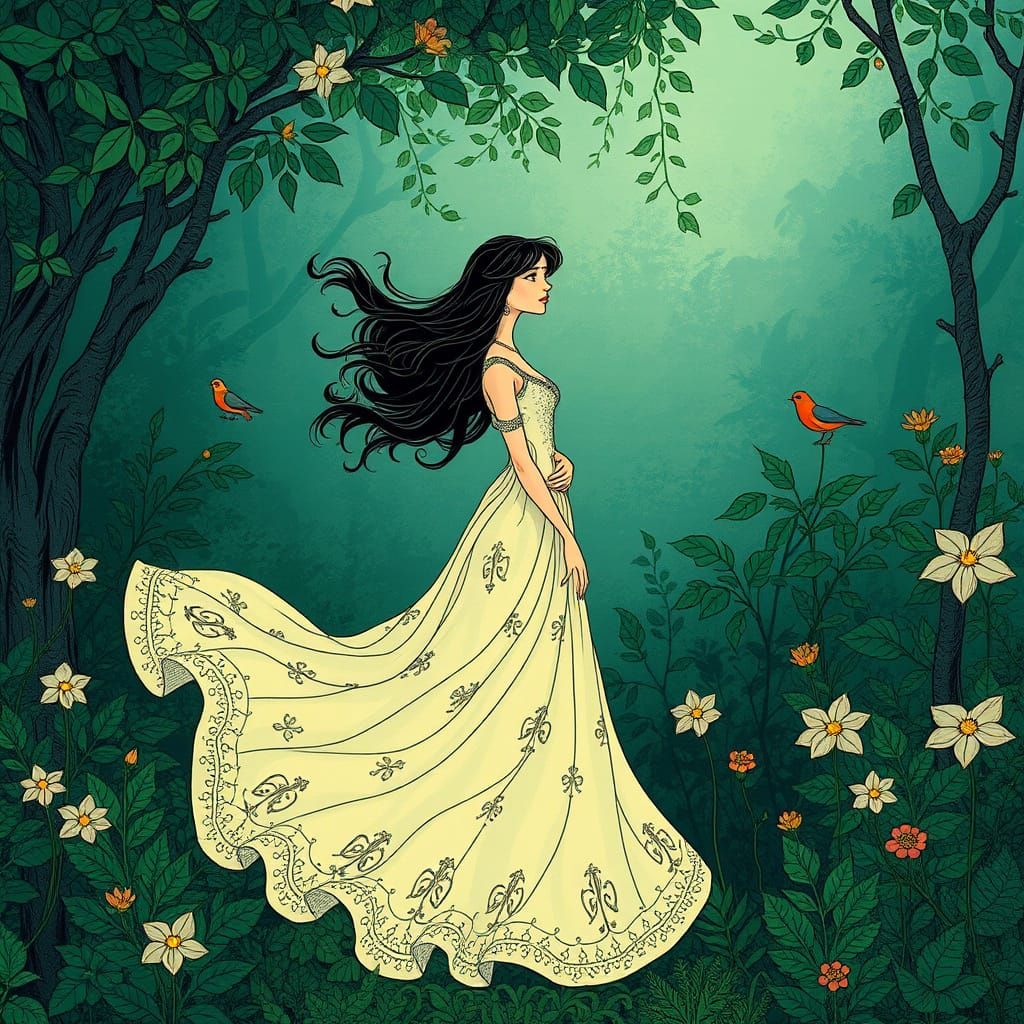 Whimsical Woman in Lush Greenery, Fantasy Illustration