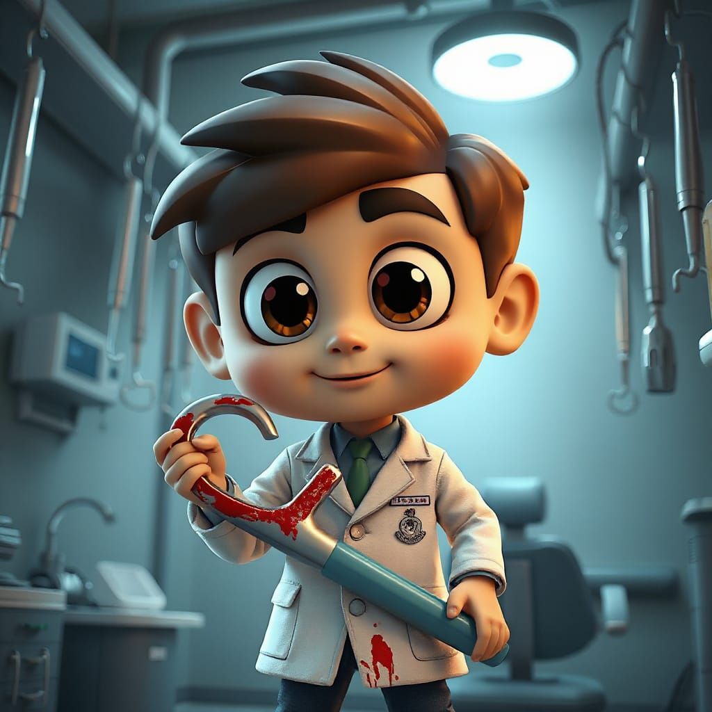 Cute Chibi Dentist in Creepy 3D Rendered Office