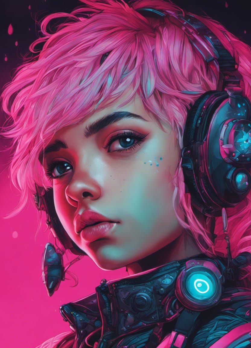 Girl with Puppy Dog Eyes in Neon Punk Style