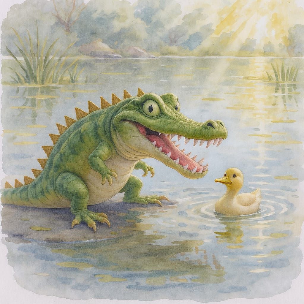 Mischievous Lizard in Alligator Costume Stalks Duck