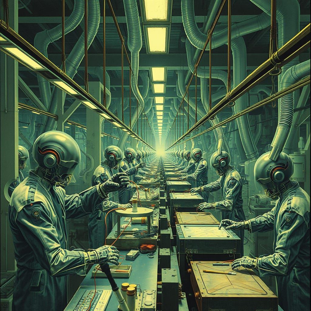 Surrealist Factory Linecrafts Illusions in Whimsical Oil Pai...