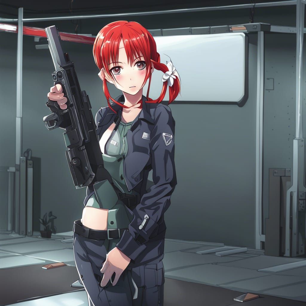 Red-Haired Girl with Gun in Anime Style