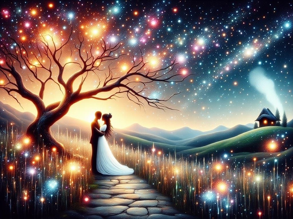 Newlyweds Under Cherry Blossoms, Impasto Painting