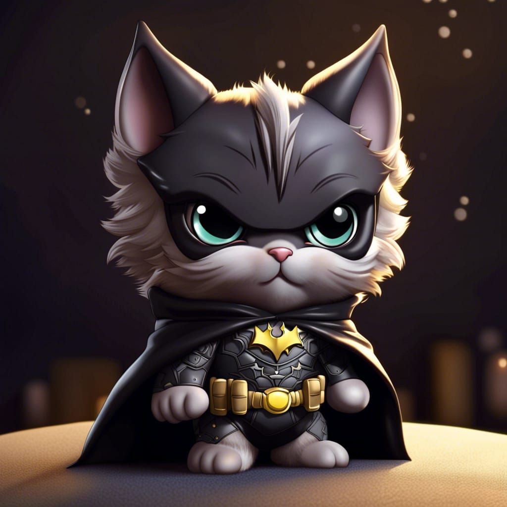 Chibi Batman Cat with Fluffy Fur