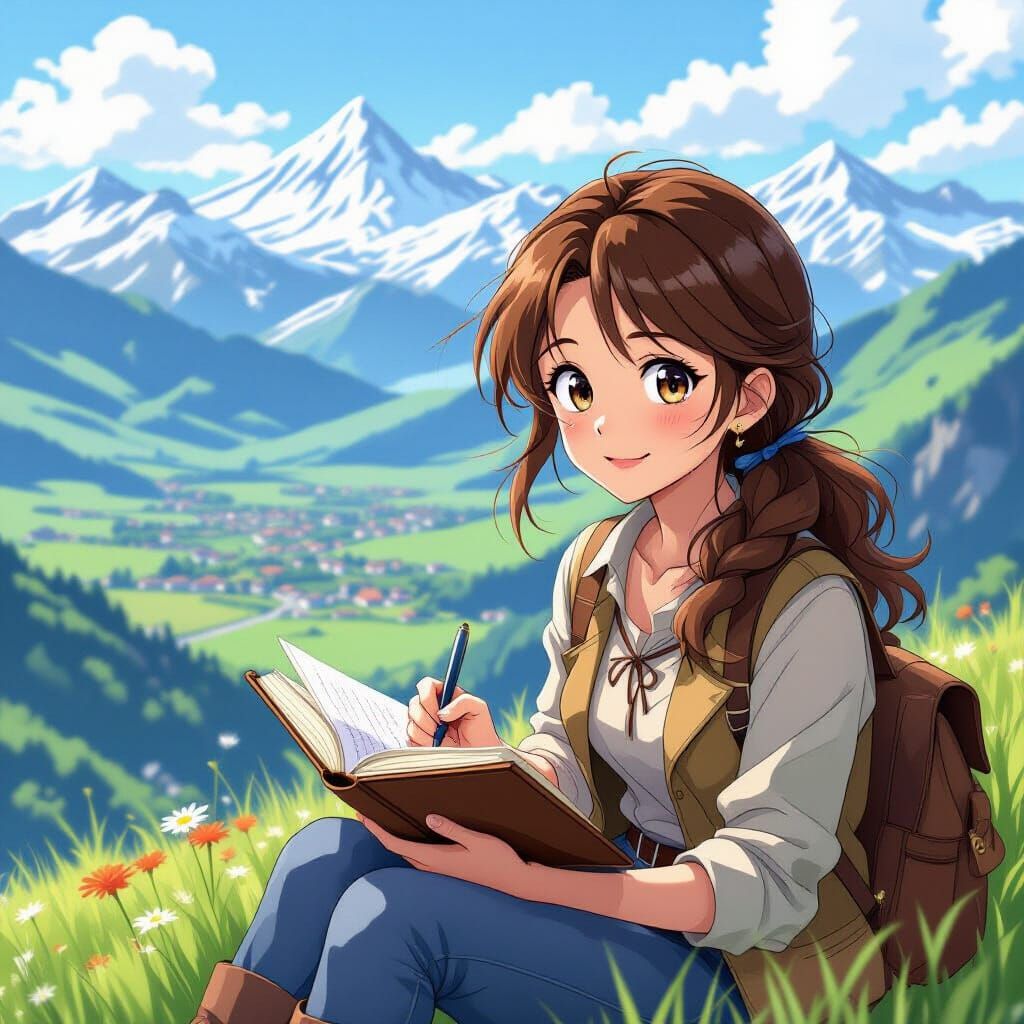 Young Woman Writes in Journal Overlooking Fantasy World