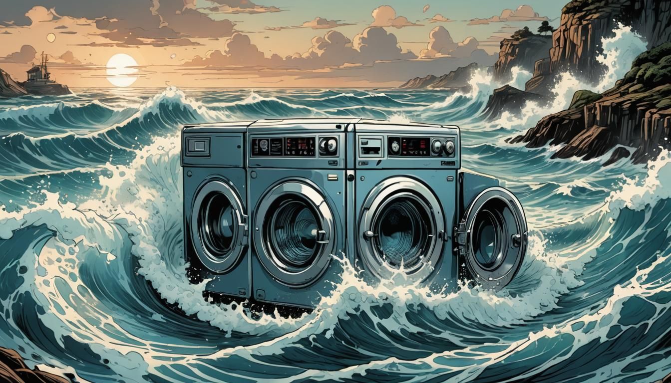 Washing Machine Door in Ocean: Comic Book Art