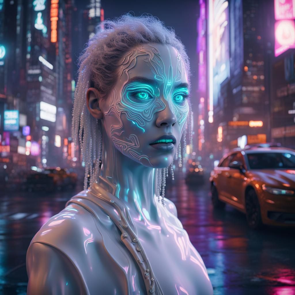 Scary AI Hologram Face in Neon City