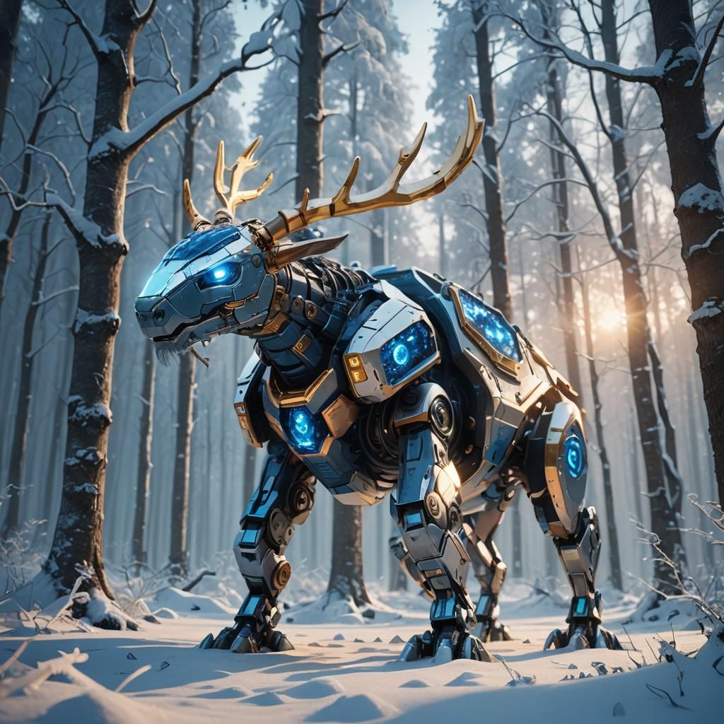 A Magical Creature Roams a Frosty, Futuristic Landscape