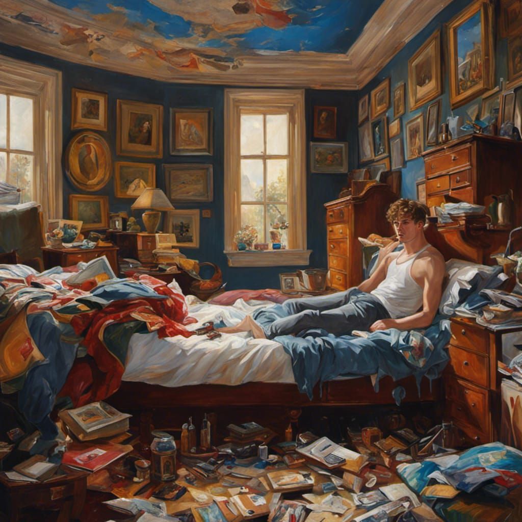 Painting of a Young Man in Messy Bedroom