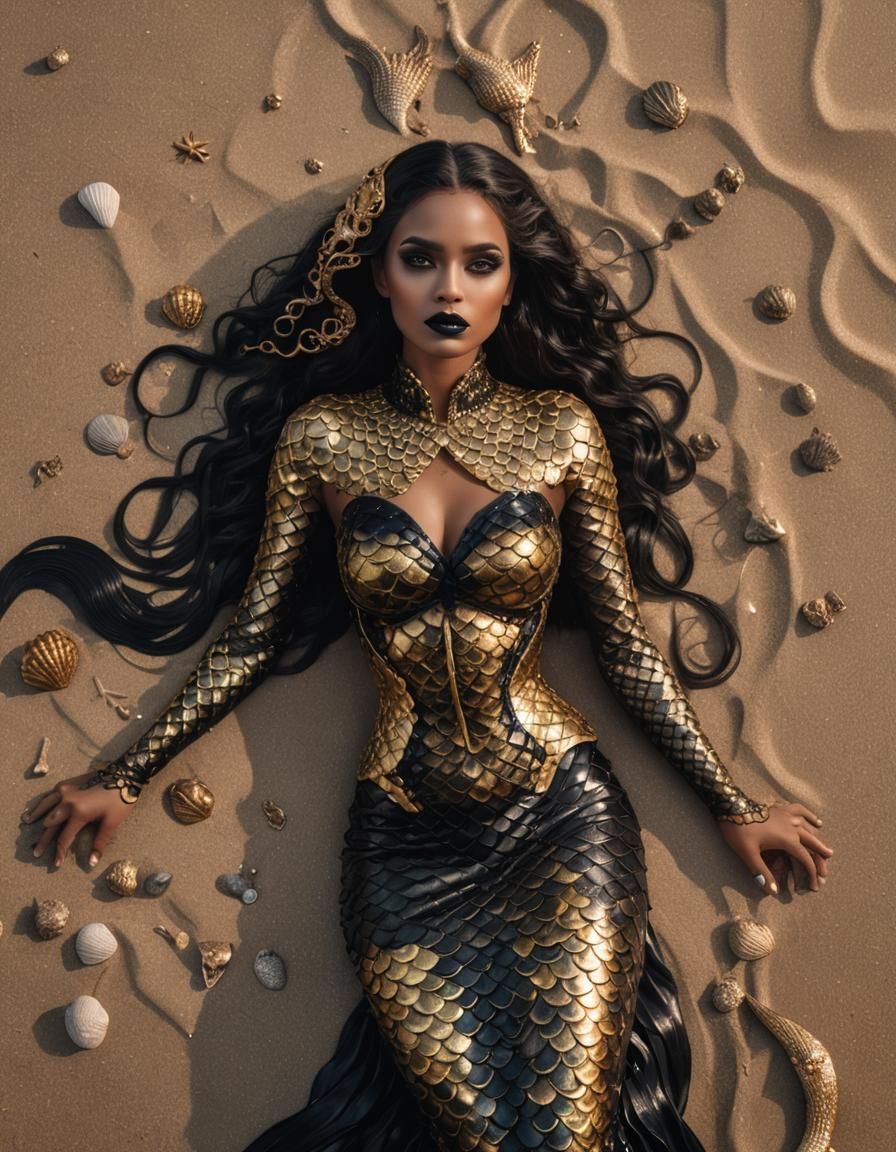 Gothic Mermaid with Black Scales in Golden Hour