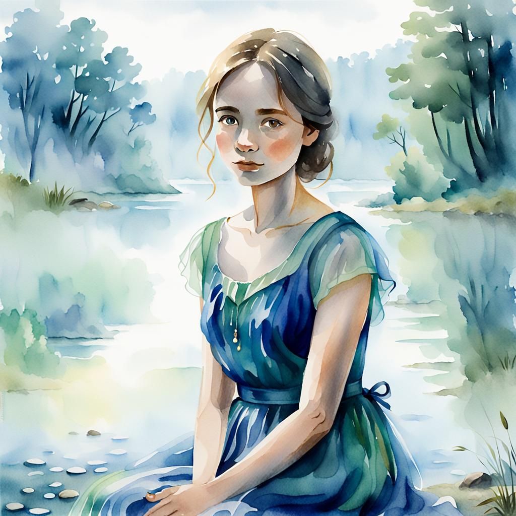 Dreamy Watercolour Portrait of Woman by Misty Lake