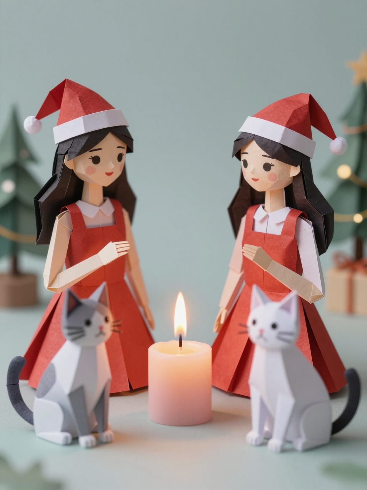 Beautiful Women in Santa Hats with Cats and Candles