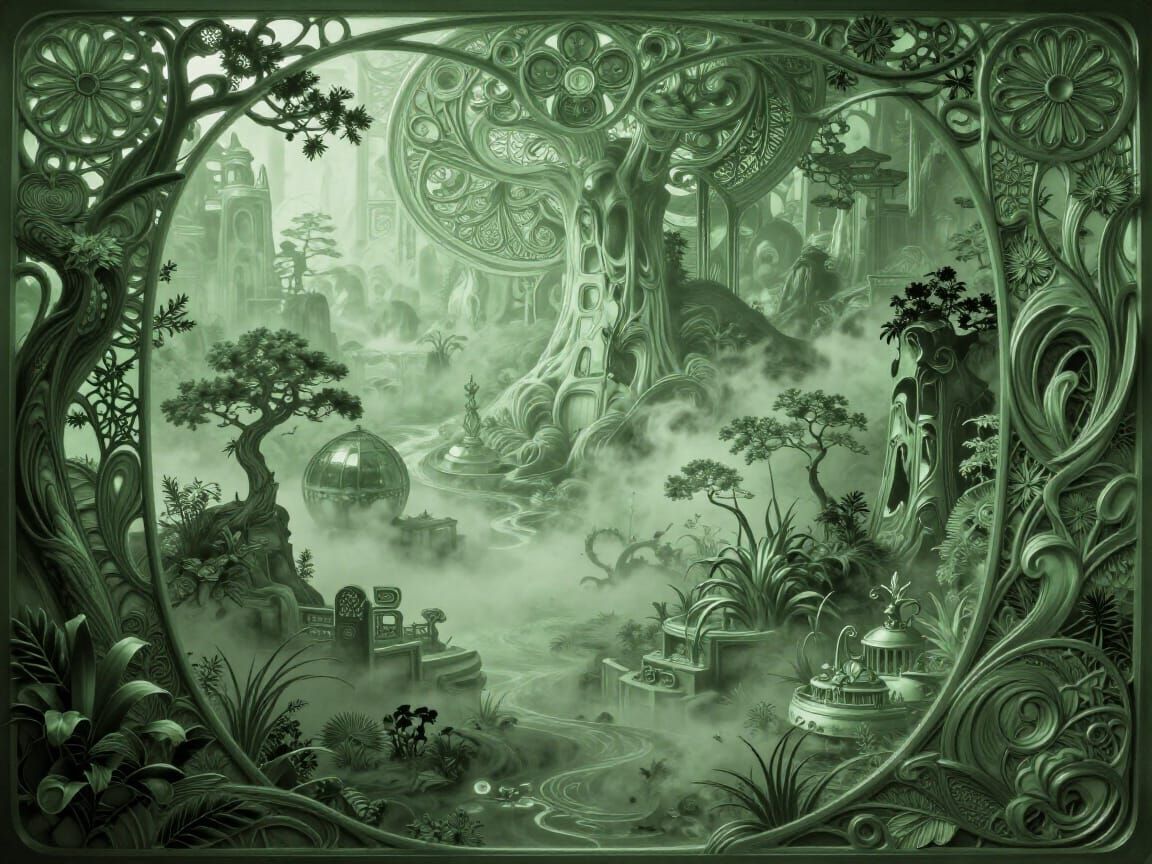 Monochromatic Green Art Nouveau Landscape