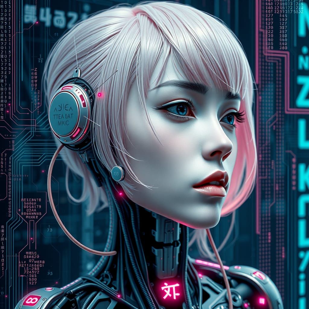 Cybernetic Woman with Pink Hair in Cyberpunk Style