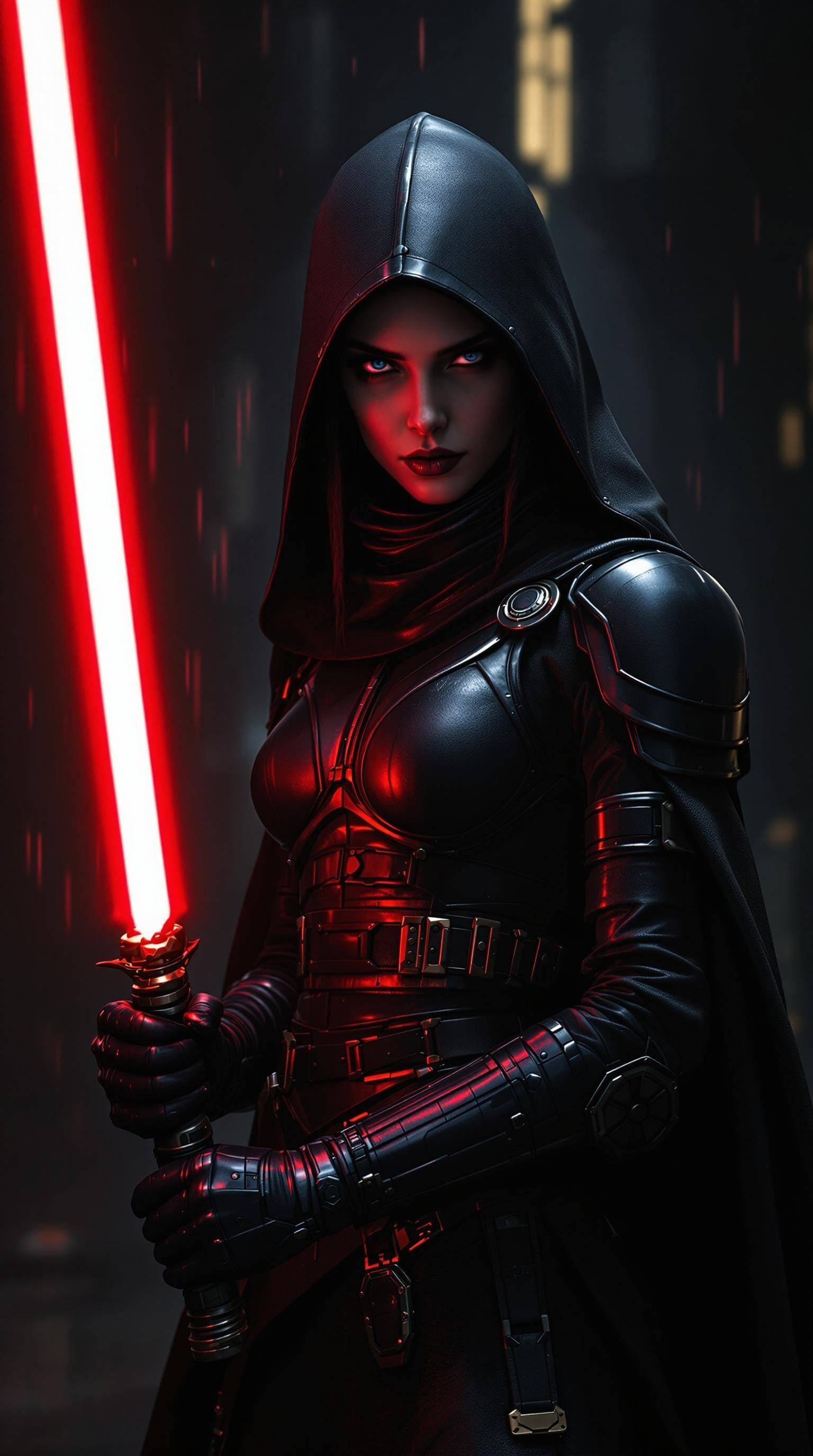 Dark Cyberpunk Sith Bounty Hunter in Hyperrealistic Sci-Fi E...