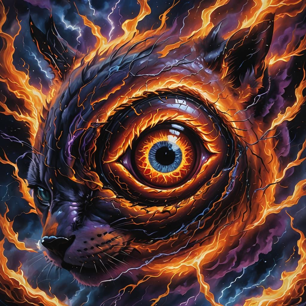 Surreal Oil Painting of Glowing Fire Eyeball with Feline Pup...