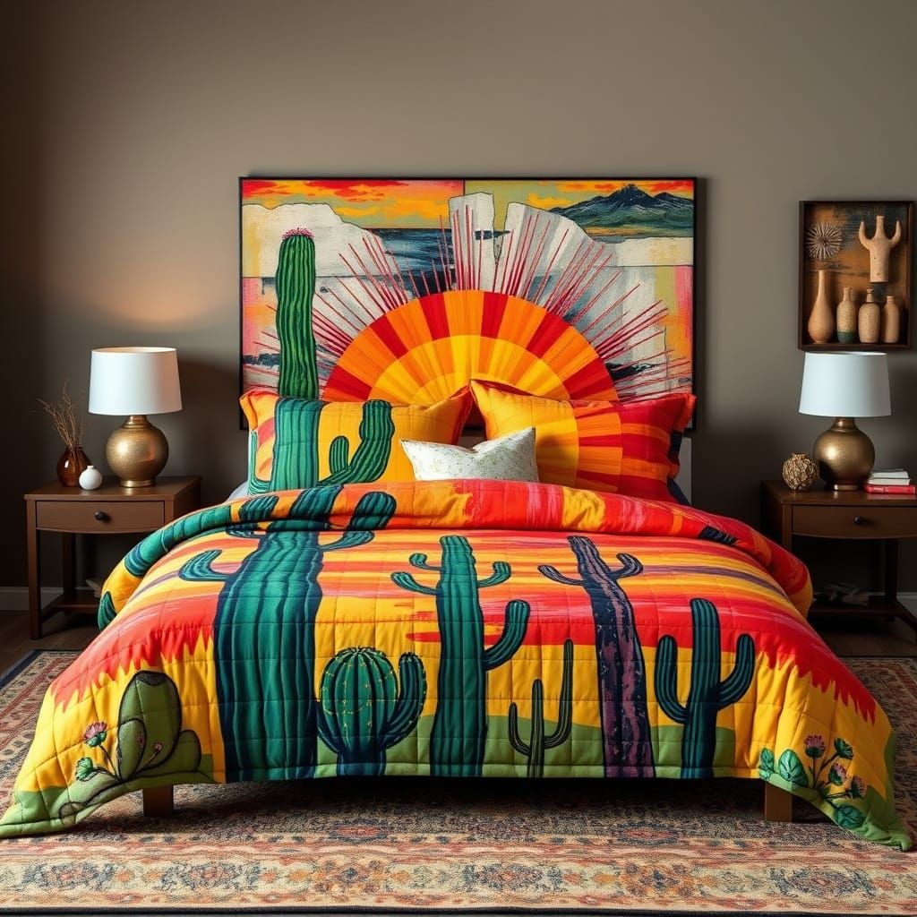 Vibrant Grunge Sunrise Cactus Quilted Bedding