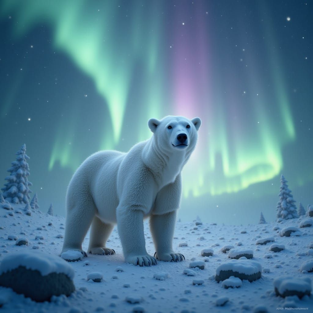 Majestic Polar Bear Under Arctic Aurora