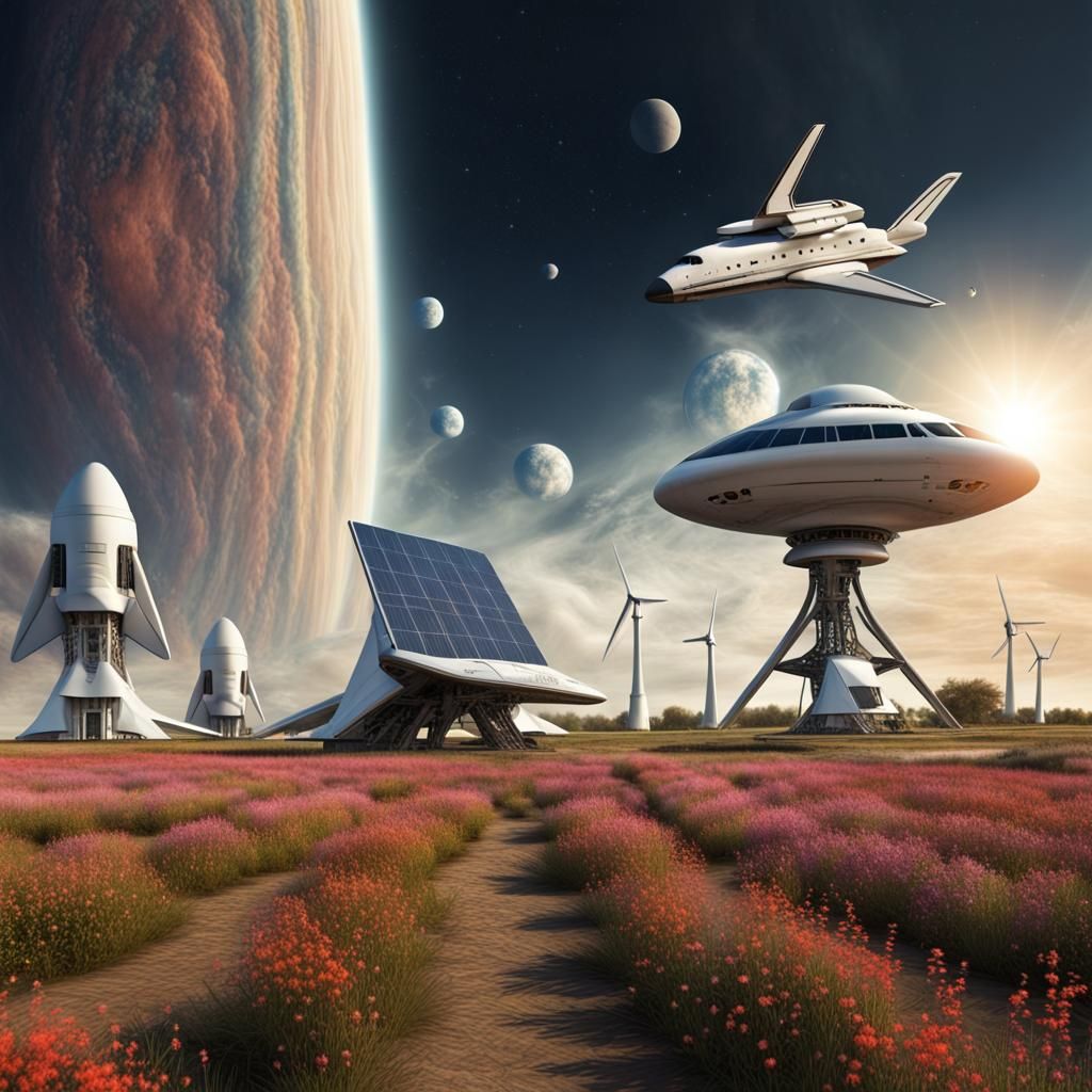 Alien Meadow Homestead with Space Shuttle, Hyperrealistic