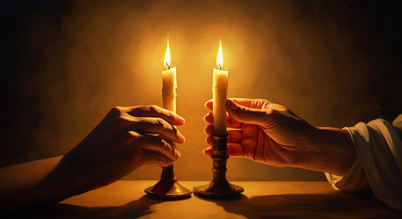 Shabbat Candles Lit by Hands: Soft Light and Shadows