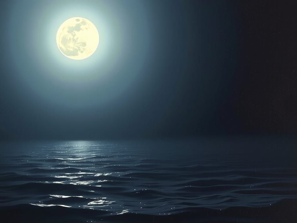 Serene Full Moon Illuminates Calm Ocean Waters in Impression...