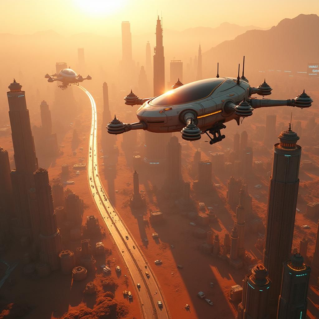 Futuristic Alien Metropolis on Mars During Golden Hour