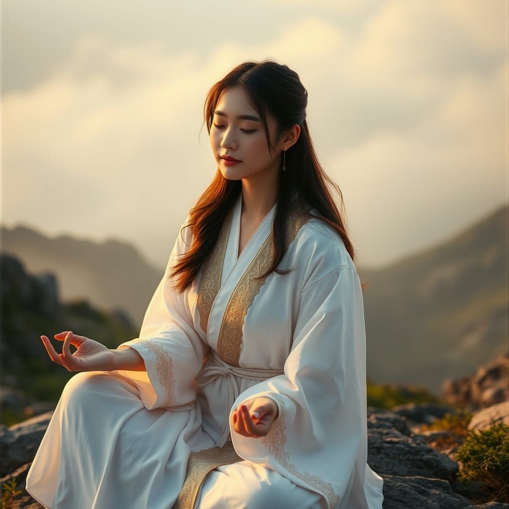 Meditative Asian Woman at Sunset in Golden Light