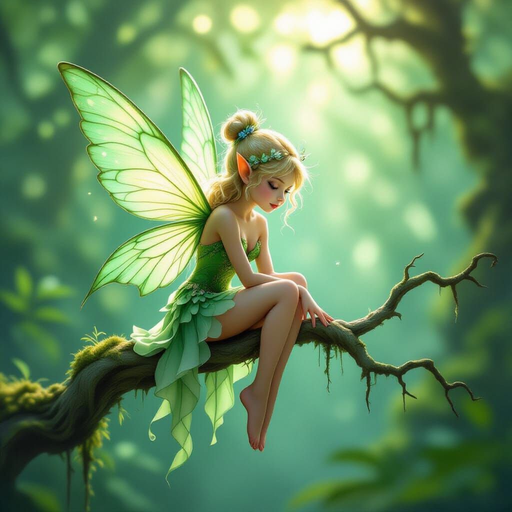 Ethereal Fairy with Jade Wings on Gnarled Twig