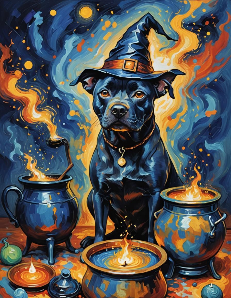 Blue Staffy Witch in Abstract Expressionism Style