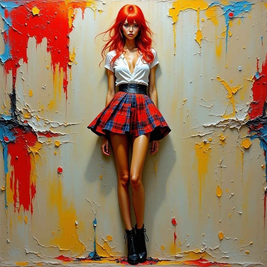 Confident Woman in a Striking Plaid Miniskirt as Impasto Pai...