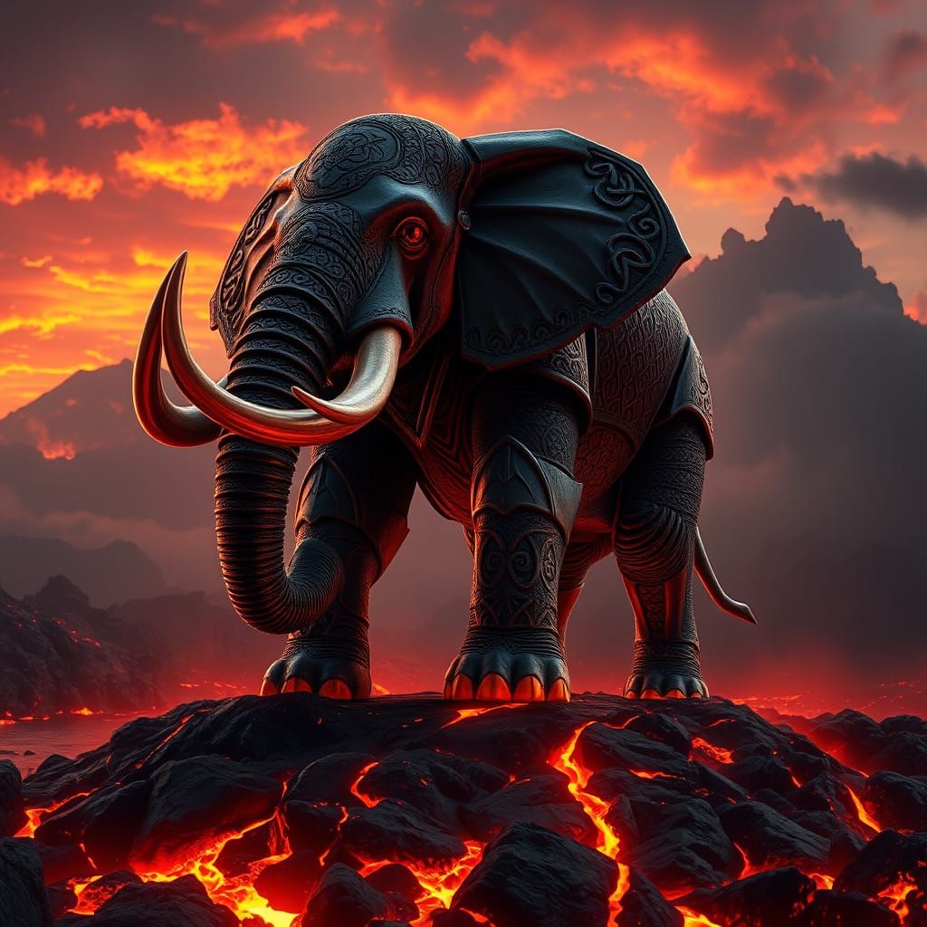 Armored Elephant on Volcanic Island, Fantasy Art